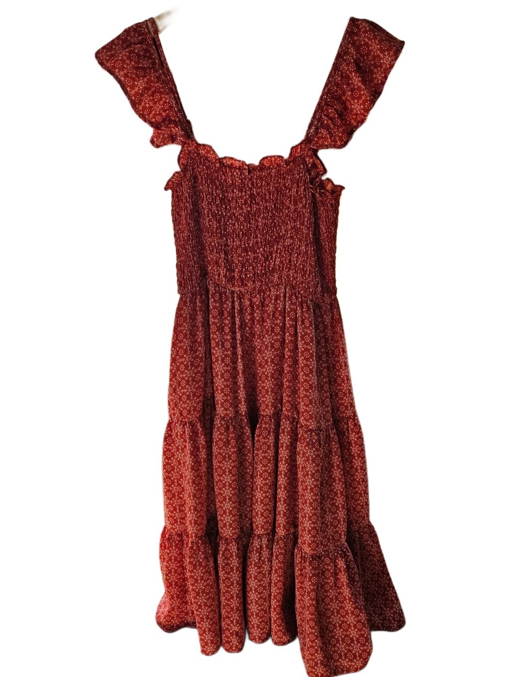 Altar'd State Rust Red Boho Ruffle Tiered Midi Dress Size S - Picture 3 of 6